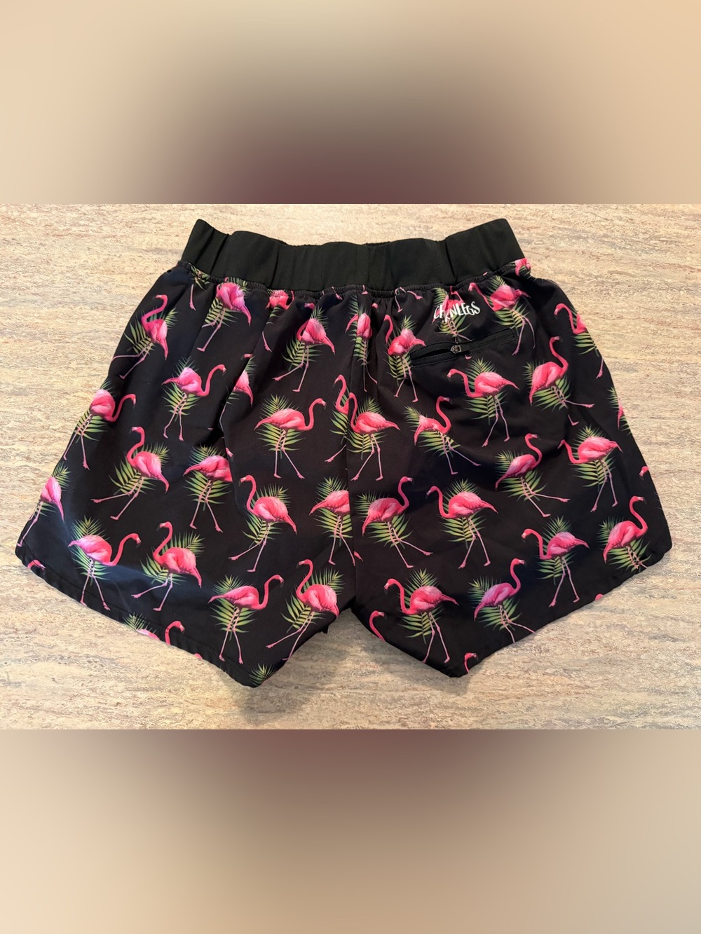 Chicknlegs Men’s Black Athletic Shorts with Pink Flamingo Print - Picture 2 of 3